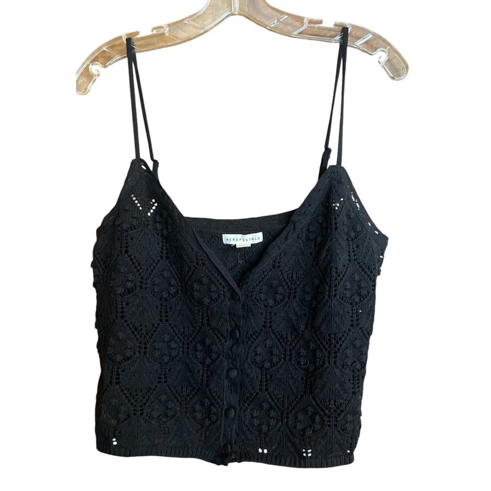 Aeropostale Tank Top Women's Black Crocheted Button-Front Cropped V-Neck Large